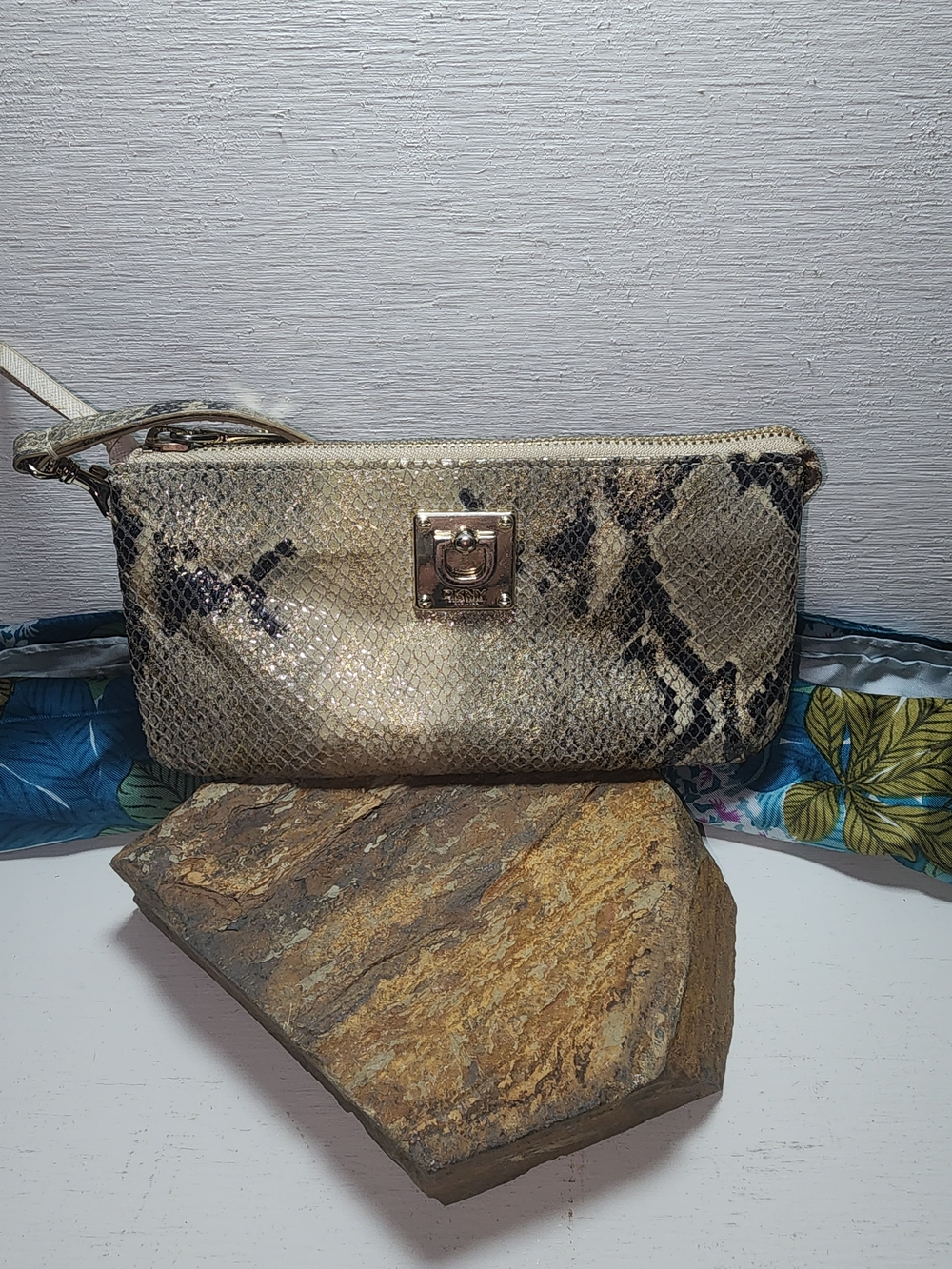 DKNY Leather Snake-Print Wristlet Clutch in Cream and Black